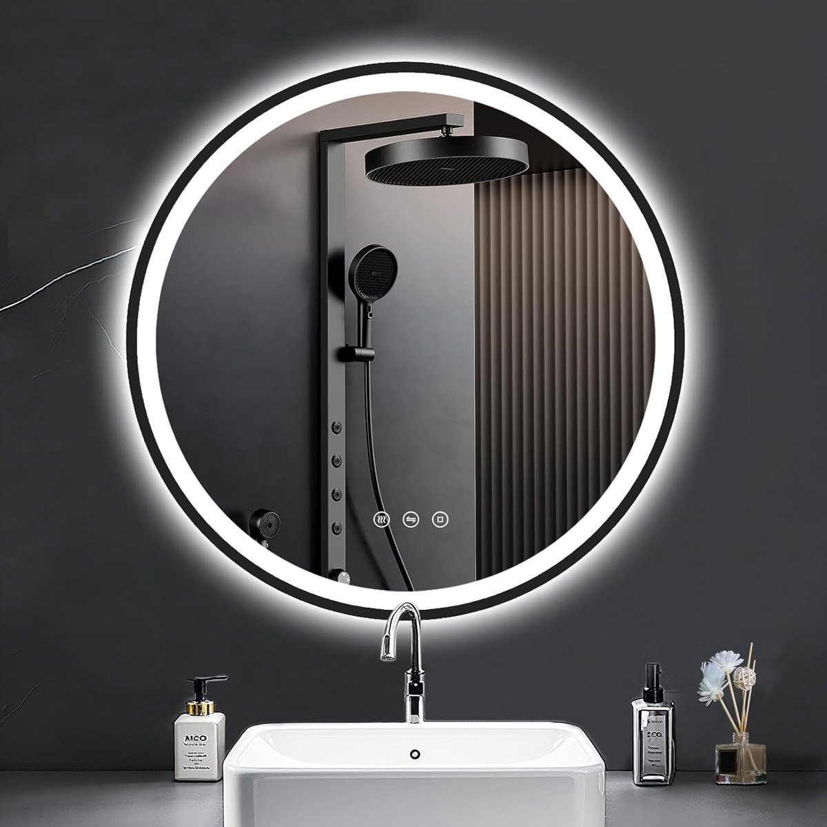 Ronde LED Spiegel met Verlichting 60 cm - Dimbaar & 3 Kleuren - Zwarte Badkamerspiegel IP44