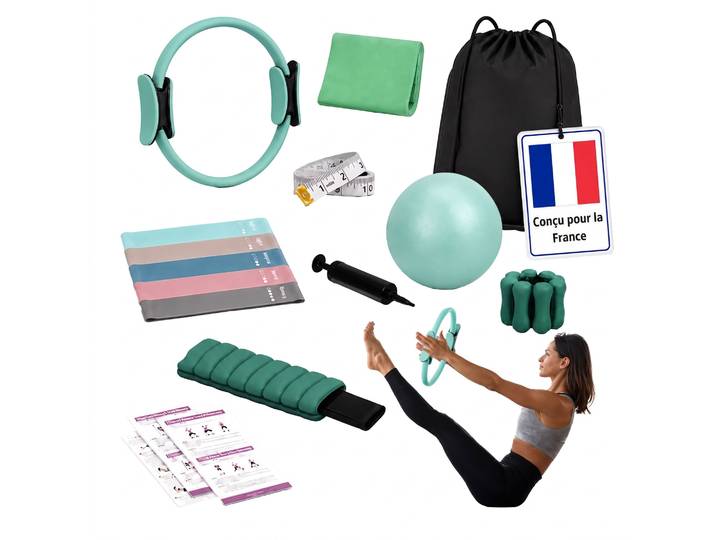 Relaxdays Kit Pilates 13 Pièces\, Accessoires\, Vert\, Avec Anneau\, Ballon\, 6 Bandes De Résistance\, Manchettes Lestées
