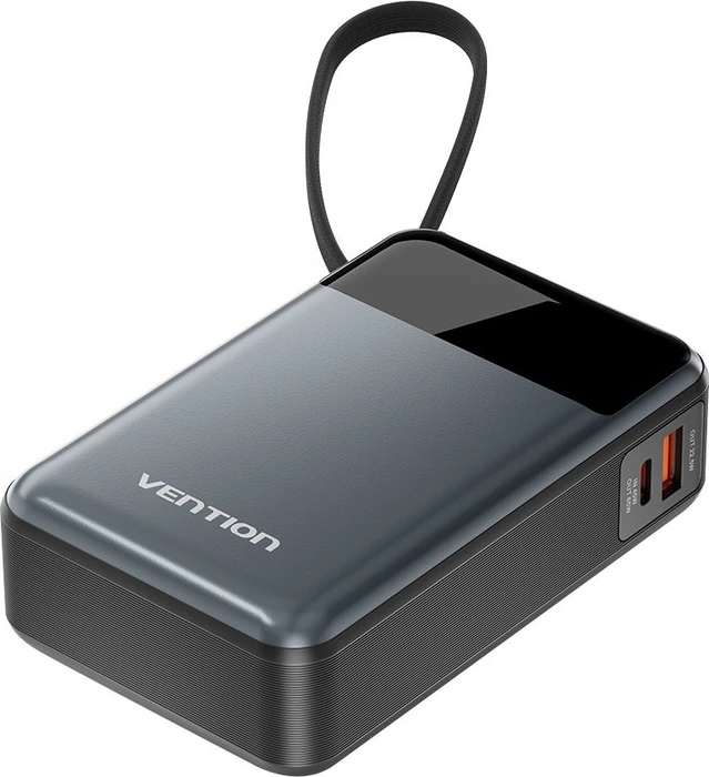 Vention 20000mAh Power Bank (USB-C + USB-C/USB-A) with Built-in USB-C Cable 65W Black LED Display Ty