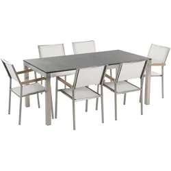 GARTENMÖBEL SET 6-Sitzer Naturstein schwarz poliert Textilbespannung weiß Grosseto