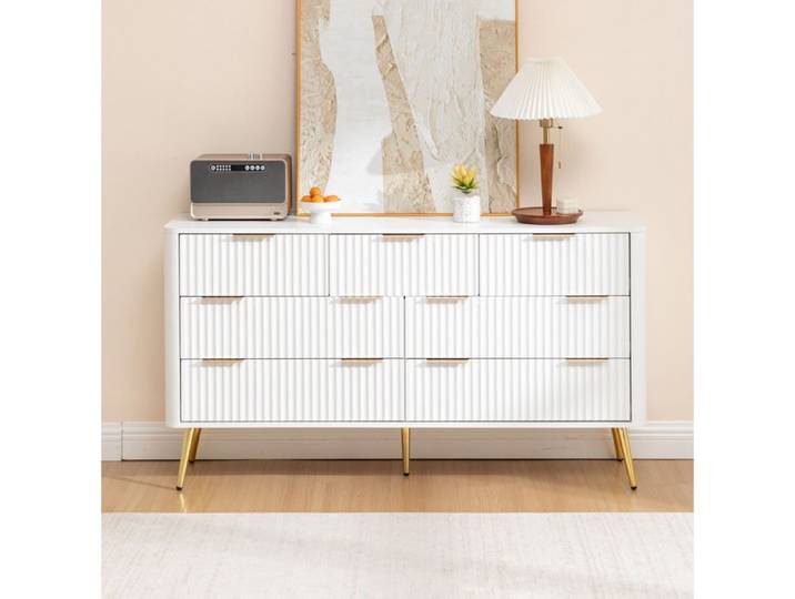 COVREO Commode 7 tiroirs 145 x 40 x 80 cm glissières à fermeture douce MDF blanc