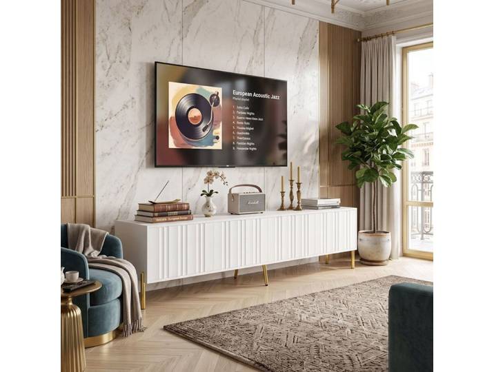 Meuble TV 190cm Grand Rangement 4 Portes Canelées Design Soigné Pieds Dorés 8 Niches Amortisseurs Soft Close - Blanc