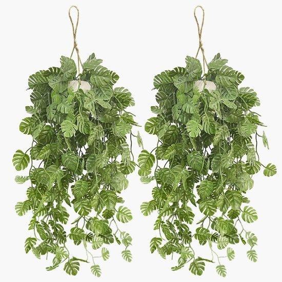Unyqoos 2-delige set kunstplanten met realistische Monstera-bladeren, wit, inclusief plastic pot en ophangkabel