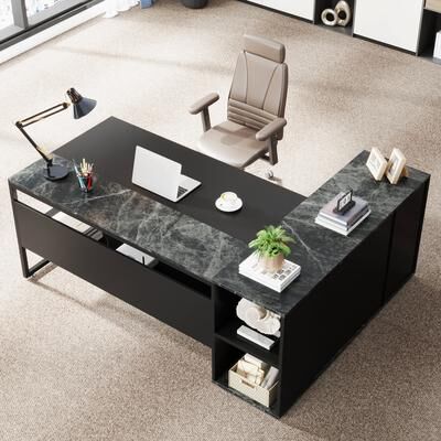 Bluebell 71 inch Executive Desk, L Shaped Desk with Cabinet and Shelves for Home Office