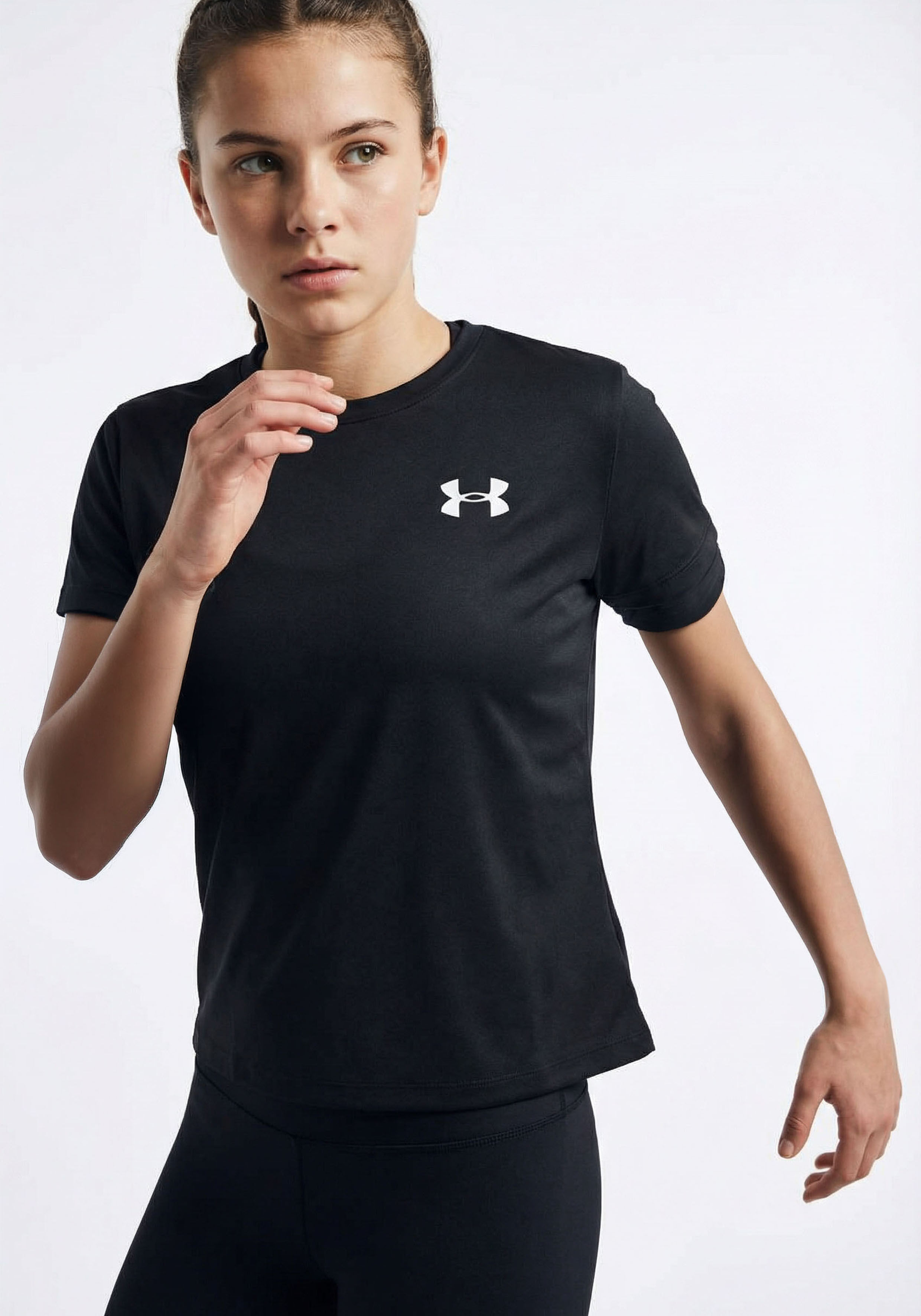 Trainingsshirt UNDER ARMOUR "UA Tech SSC", Kinder, Gr. S, schwarz (schwarz,, weiß), Obermaterial: 100% Polyester, normal, Rundhals, Shirts Trainingsshirt, leichtes Trainingsshirt, mit Rundhalsausschnitt, ohne Verschluss schwarz,, weiß S