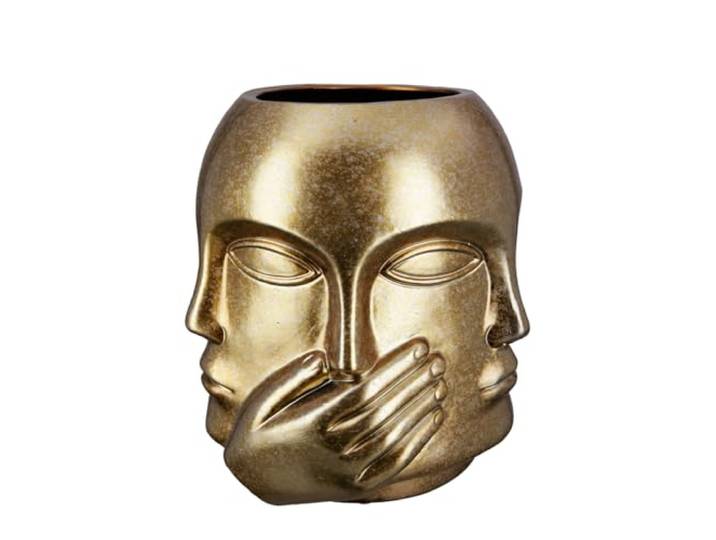 GILDE Vase Blumenvase aus Keramik - Gesichtsvase Nichts sehen hören Sagen - wasserdicht europäische Herstellung - Farbe: antik Gold Höhe 23 cm