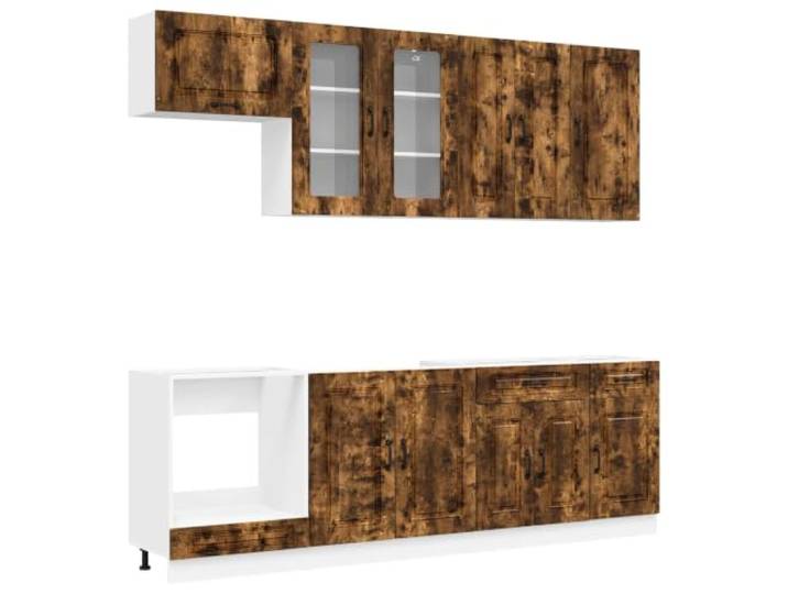 Makastle Küchenschrank-Set 8-teilig Kalmar-Serie Geräucherte Eiche Holzwerkstoff mit Verstellbaren Füßen und Glastür