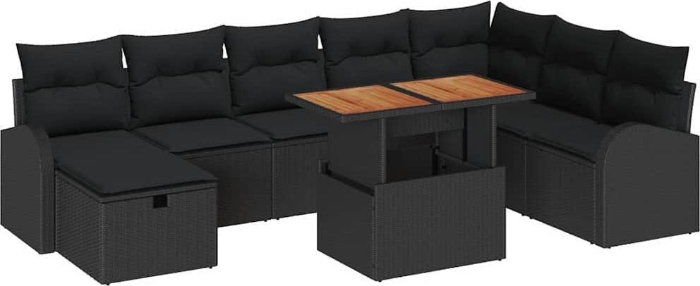 Garten-Sofaset 9-teilig, Outdoor-Sitzgruppe, Poly-Rattan & Akazienholz, 8 Sitzplätze, Schwarz, robust mit Stahlpfostenbeine
