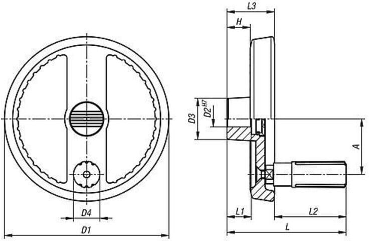 KIPP 2-Speichenhandrad D1=160 Form E Aluminium silber D2=16 Stahl (K1524.160162)