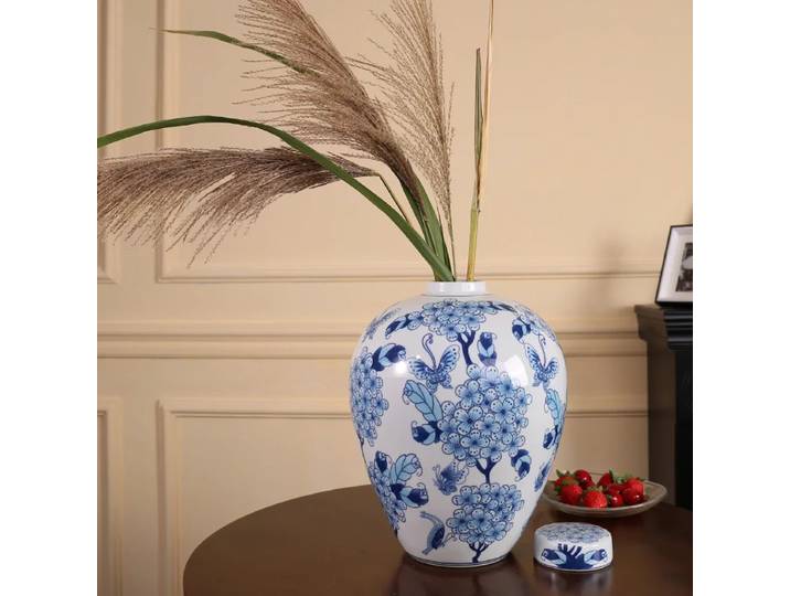 Vase à Fleurs Chinois en Porcelaine Bleu et Blanc, Récipient pour Plantes de Salon, Grand Ventre, Modèle de Maison, Décoration de Maison, Nouveau