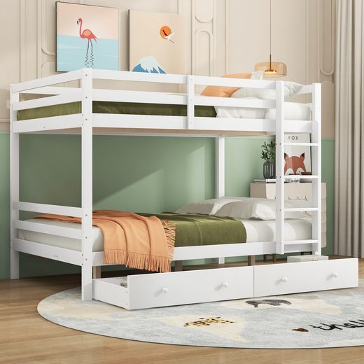 Odikalo Kinderbett Etagenbett Schubladen Stauraum Hohe Geländer Lattenrost Weiß 140x200cm