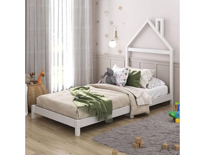 IDIMEX Kinderbett Liz 90x200 cm in Hausoptik aus Massivholz weiß - Bodenbett für einfaches EIN- und Aussteigen, Montessori Kinderzimmer
