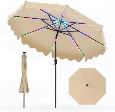 Costway 9 Feet Solar Patio Umbrella with Color-Changing LED Lights-Beige