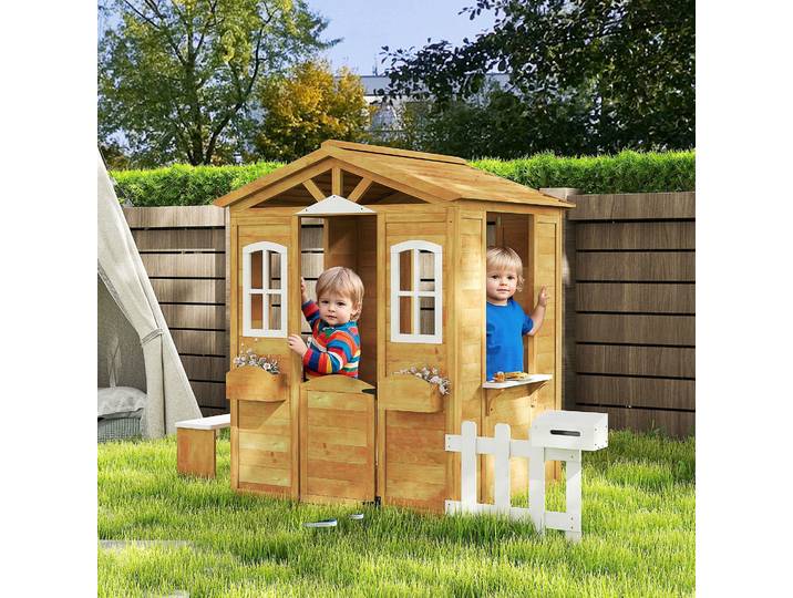 Outsunny Cabane Enfant Bois avec Banc, Fenêtres et Clôture