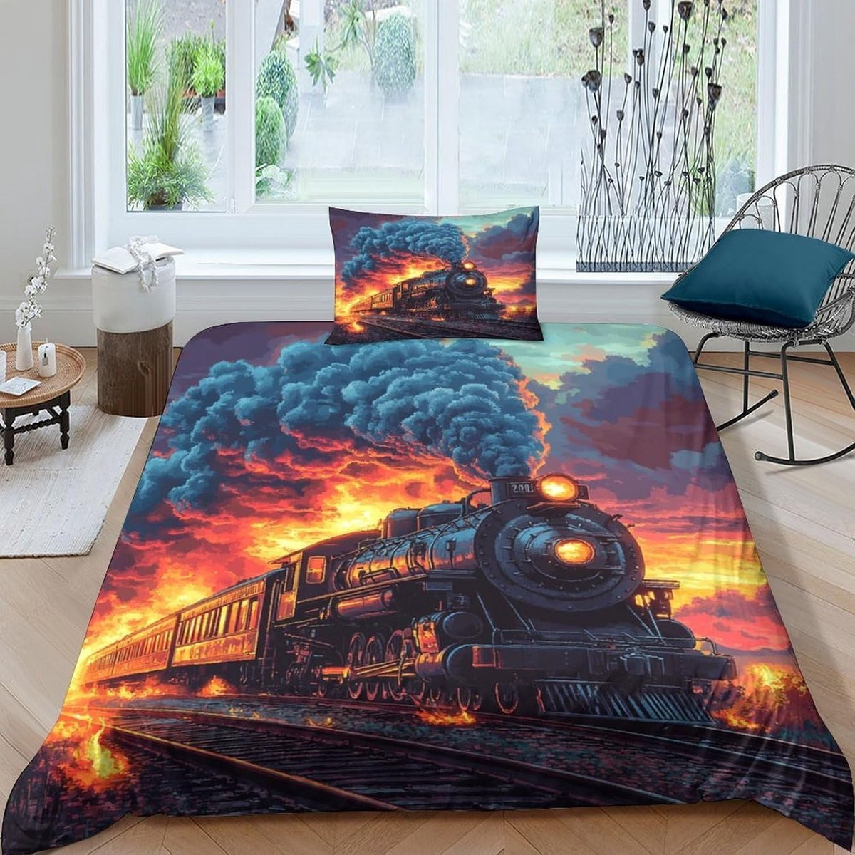 Dekbedovertrek Set met Stoomtrein Design en 3D Print Techniek, 135 x 200 cm