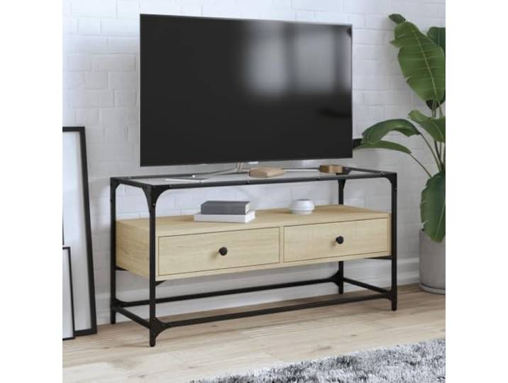 HEFZGDB TV-Schrank mit Glasplatte Sonoma-Eiche 98x35x51cm Holzwerkstoff Metallrahmen Zwei Schubladen Stauraum Industriestil Wohnzimmer Beistellschrank