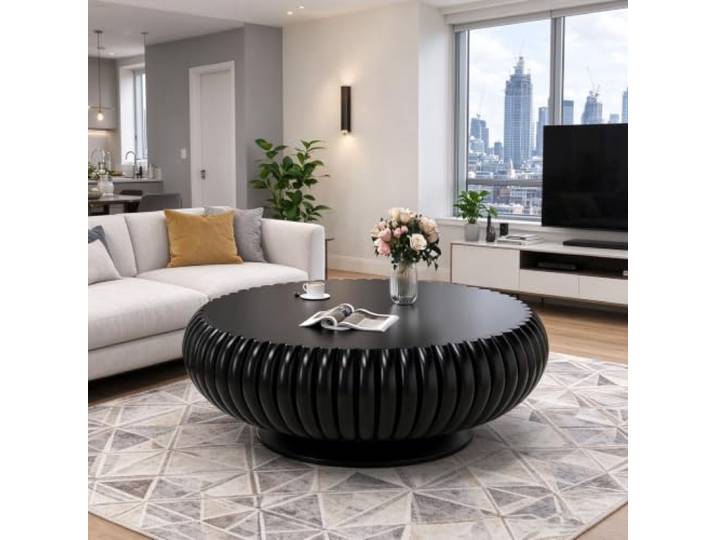 Runder Couchtisch in Trommelform Mit Stauraum Runder Couchtisch Im Mid-Century-Modern-Stil – Runder Wohnzimmertisch Im Farmhouse-Stil Mit Geriffeltem Design, Für Wohnungen