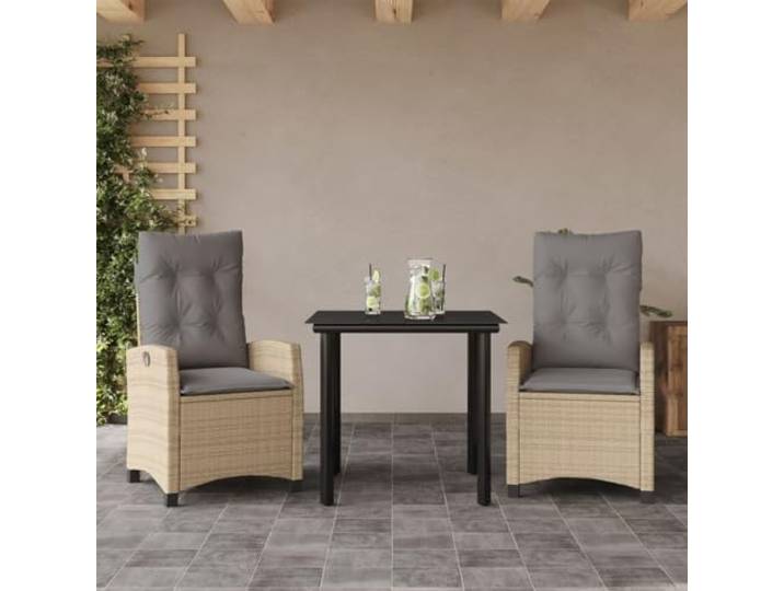 KTHLBRH Gartenmöbel-Set, 3-teilig, Glastisch und 2 Sessel aus Polyrattan Verstellbare Rückenlehne, abnehmbare Kissen waschbar, pulverbeschichteter Stahl, geeignet für Terrassen