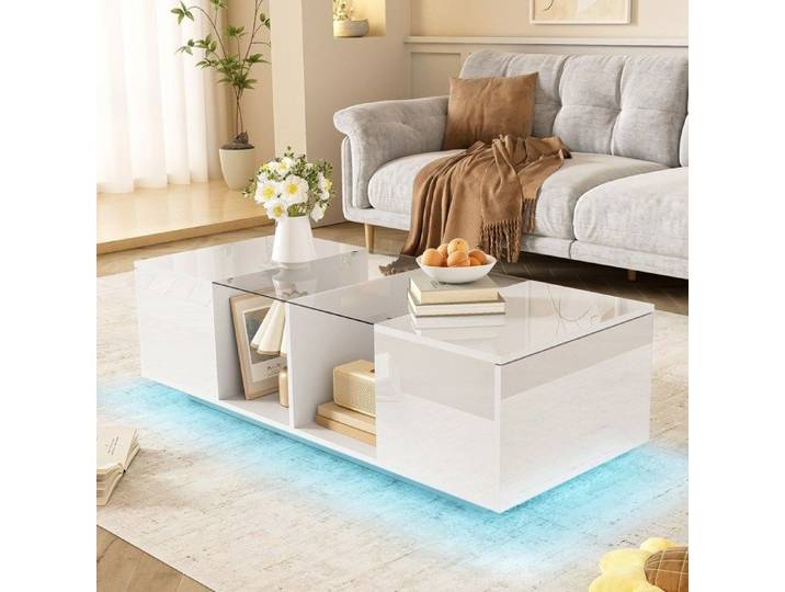 Table basse brillante blanc 120x50x38 cm Table basse moderne salon avec éclairage LED et 2 compartiments 2 portes