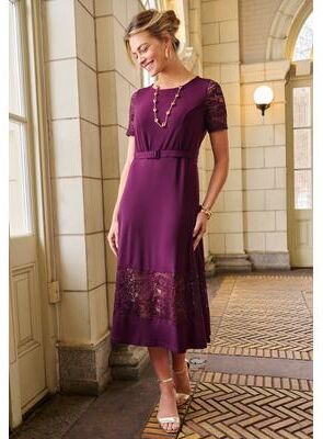 Plus Size Women's Lace Inset Fit-and-Flare Dress with Self Belt by Jessica London in Dark Berry (Size 14/16)