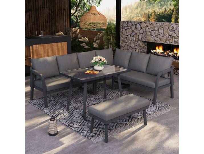 Ensemble de jardin pour 8 personnes en acier galvanisé un canapé d'angle une table à manger et un banc Gris