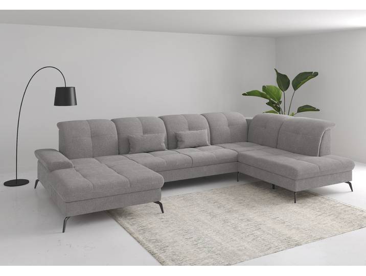 Wohnlandschaft, Polyester, Hellgrau 357×90×231 cm, U-Form, Sitztiefen- & Armteilverstellung, sit&more