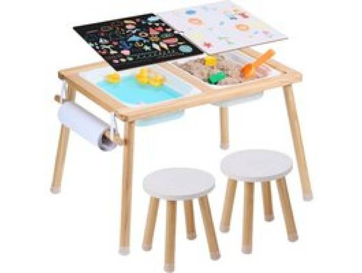 VEVOR Sensorisches Tischset Aktivitätstisch Kindersitzgruppe und Sand-und Wasserspieltisch mit 2 Hockern & 2 Aufbewahrungsbehältern & Papierrollenhalter, Kindertisch Holz – Geschenk für Kinder
