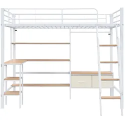 STILVORA Hochbett Metall-Holz Weiß/Natur 204x136x170 cm mit Schreibtisch, Regal und Schrägtreppe