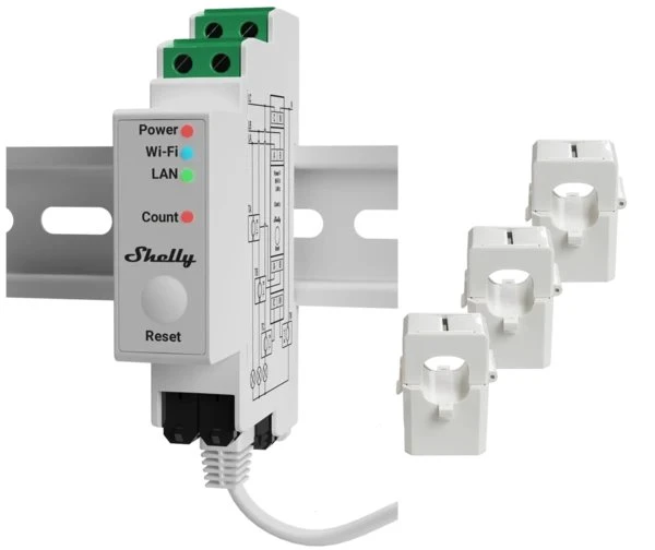 Shelly Pro 3EM, Leistungsmesser mit 3 Klemmen 120A, WiFi, LAN, BT