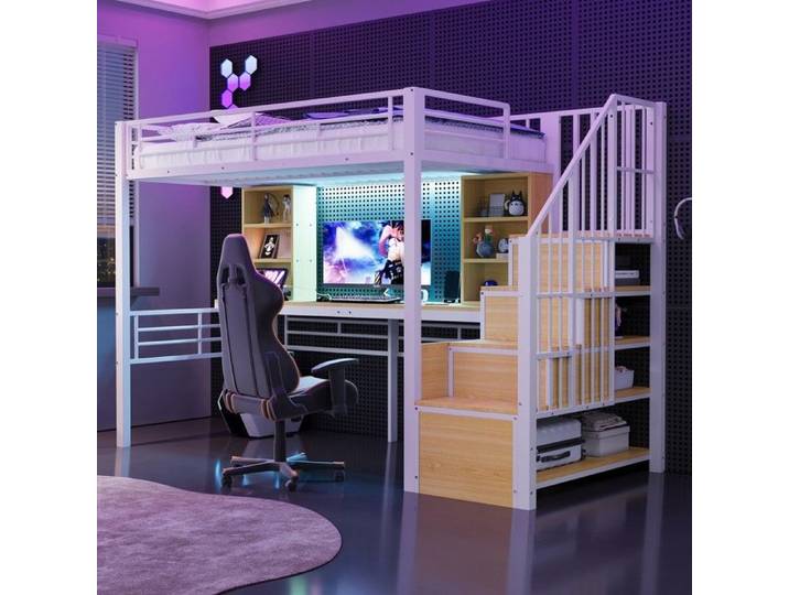 Lit superposé 90x200 cm avec bureau étagère prise EU LED rangement escalier gauche droite garde-corps cadre métal blanc