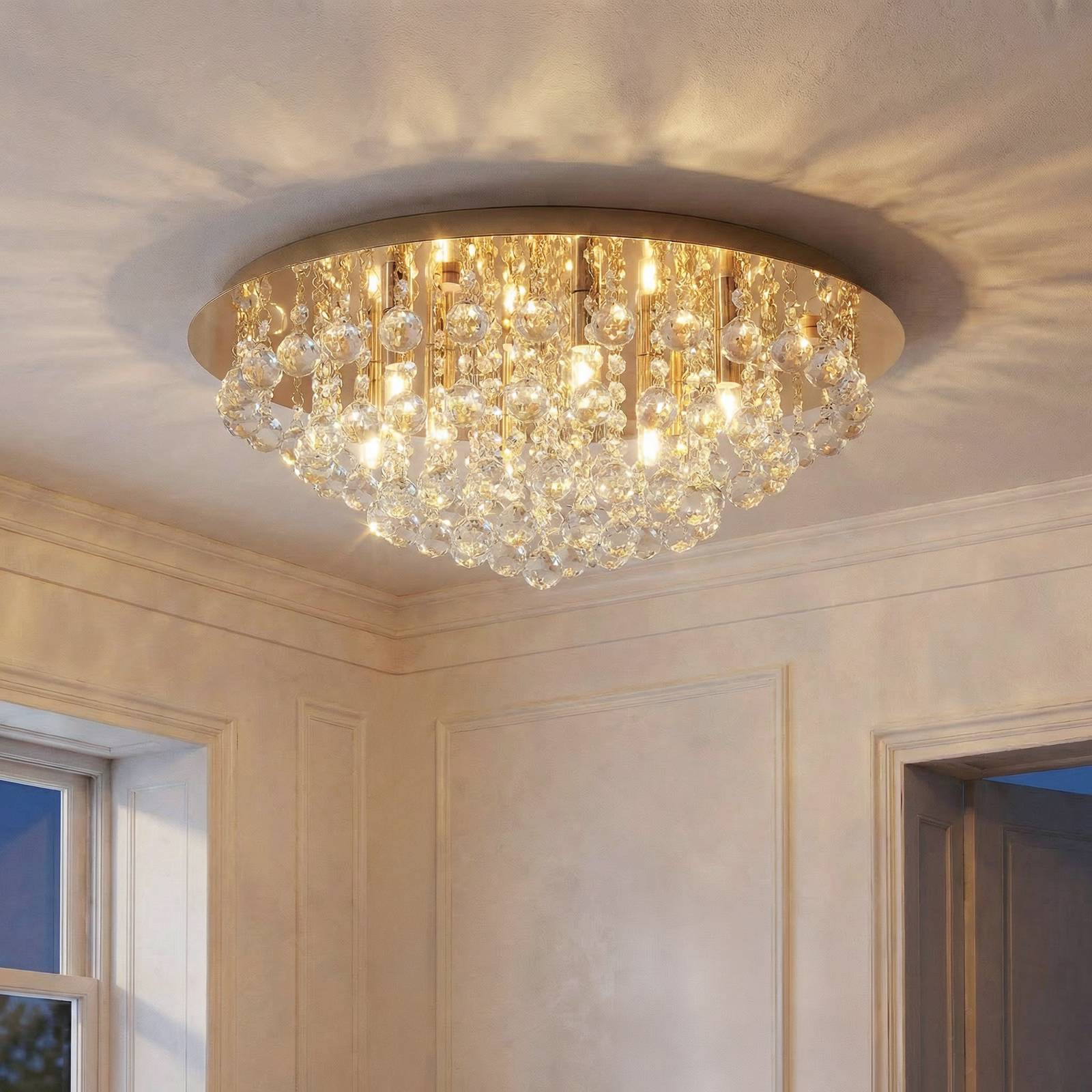 Crystal Ceiling Light Gillion Lindby, dimmable, Brass / gold, Living / Dining Room, Crystal, Modern, Ceiling Light