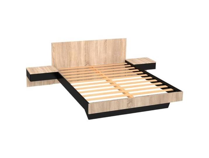 Lit COOL 140x190 cm + 2 chevets + sommier / Décor Chêne blanchi & noir