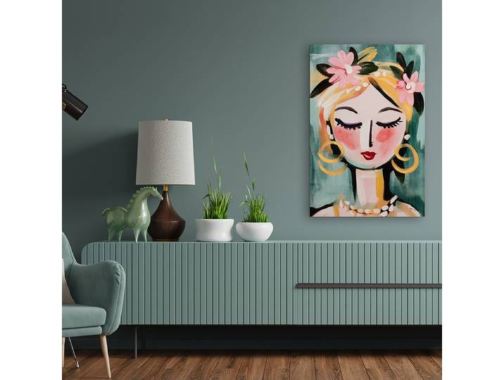 Leinwandbild Naive Painting Green Girl Mischgewebe Multicolor 60 x 90 x 3cm