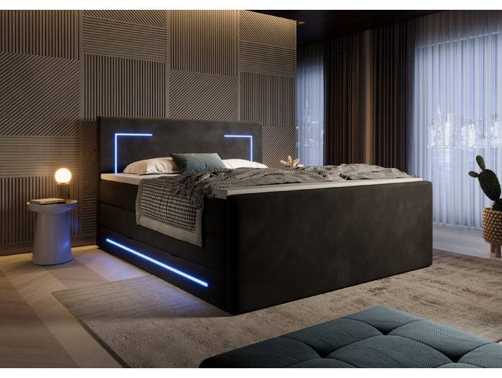 wonello Boxspringbett Monaco, mit LED Beleuchtung, Bettkasten, Matratzen und Topper