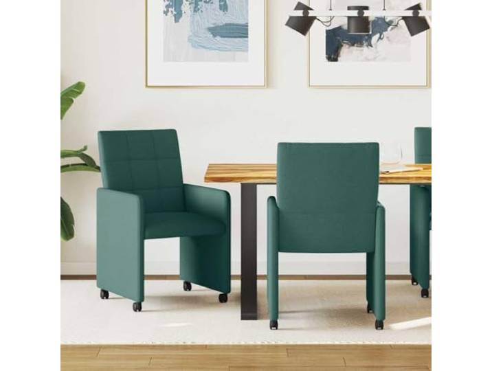 UYPTERF Esszimmerstühle mit Rollen 2 STK Stoff Dunkelgrün Ergonomische Rückenlehne, Sperrholz und Metall, weiche Stoffpolsterung, gerade Armlehnen, Räder, einfache Montage