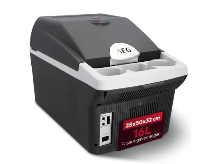 AEG Automotive Board-Bar BK 16 Thermoelektrische Kühl- und Warmhaltebox 16 Liter, 12 Volt für Auto und Steckdose, anschnallbar im PKW, Schwarz,hellgrau