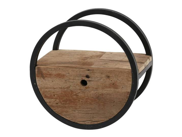 Etagère murale ronde d40cm bois recyclé brut et métal noir vieilli