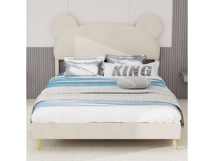 Lit double moderne - Tête de lit dessin animé - 140x200 cm - Beige - Rembourrage confortable