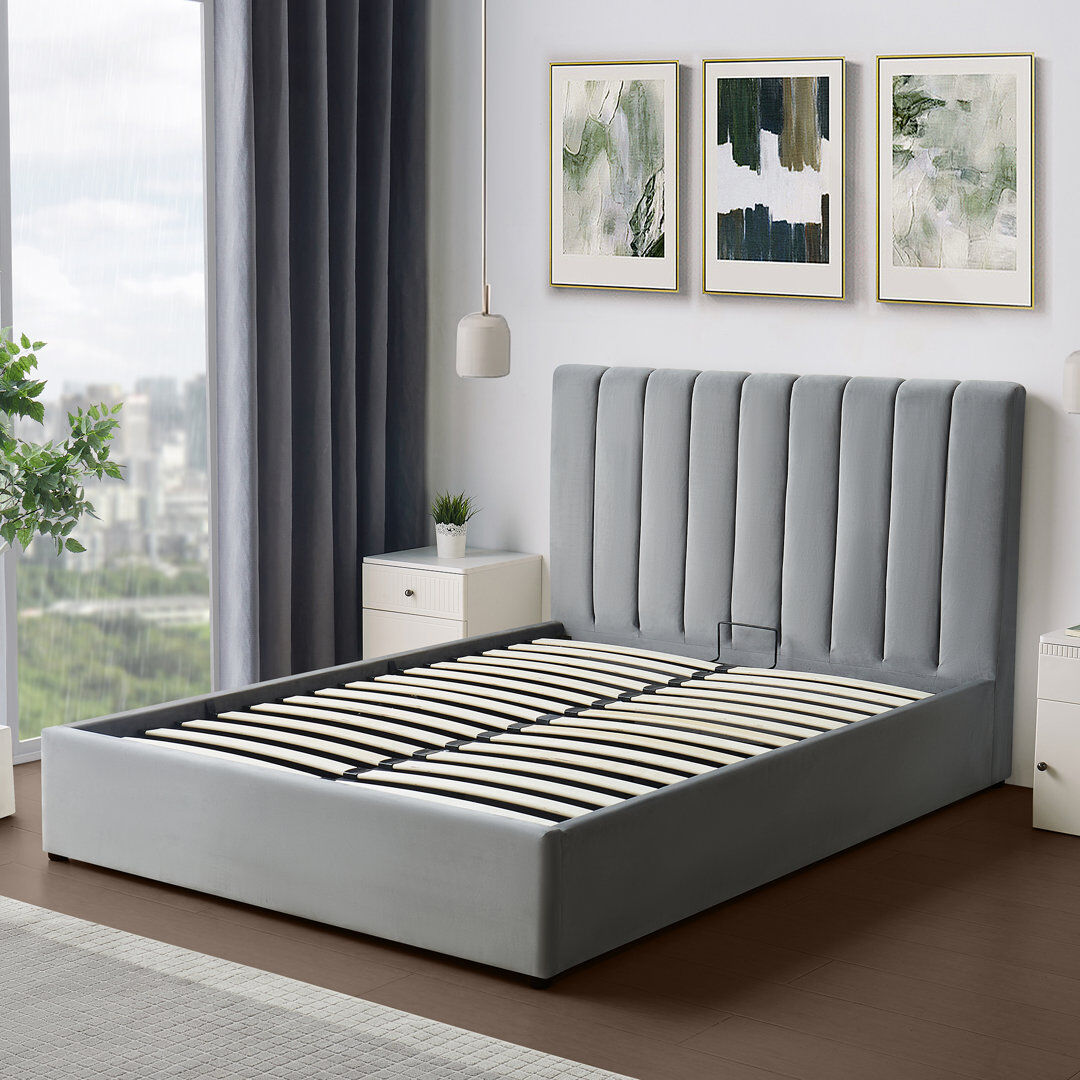 Latitude Run Evelynne Fabric Ottoman Bed Frame with Storage - Grey Double (4'6)