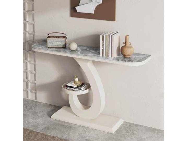 LEUBDIBR Creme‑farbene Sinterstein‑Konsolentisch, Halbmond‑Eingangstisch Sintersteinplatte, Halbmond‑Design, robuster Metallrahmen, moderner Stil(White+Gray,150cm/59.1 )