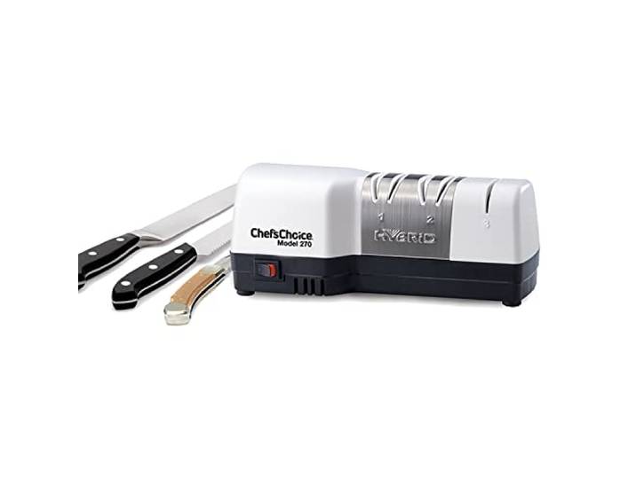 Chef's Choice Hybrid Diamond Hone Messer kombiniert elektrisches und manuelles Schärfen für gerade und gezackte 20-Grad-Messer, 3-stufig, weiß