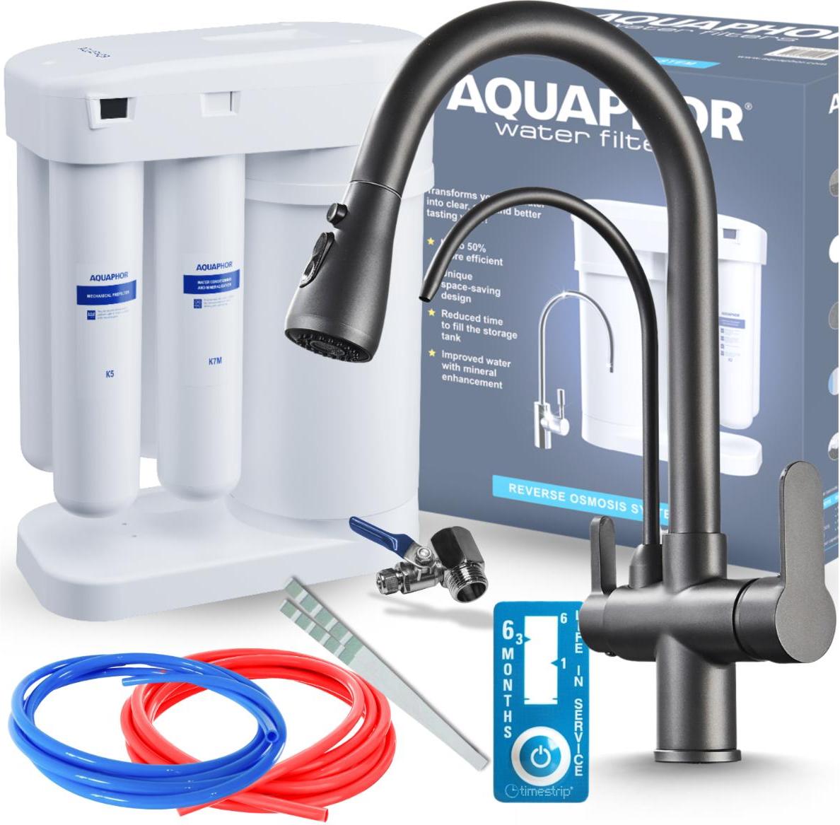 Wasserfilter Set Morion mit 3-Wege Küchenarmatur Nordic Grafit, Umkehrosmose, Wasserfilter-Anschluss, herausziehbare Brause