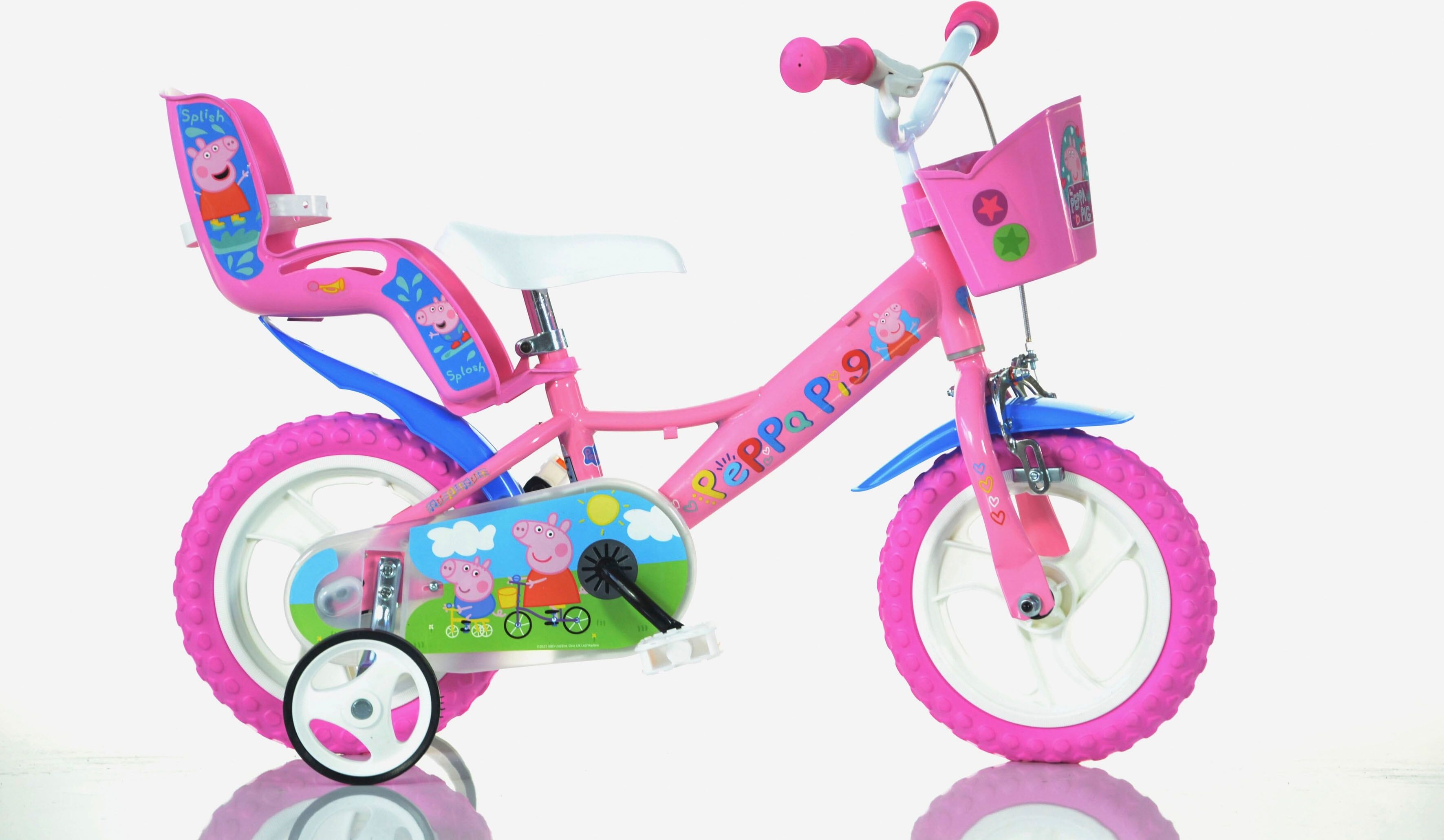 Kinderfahrrad DINO BIKES "12" Peppa Wutz stabiler Stahl-Rahmen, Stützräder, kindgerecht" Gr. 21, lila (pink), Fahrräder, Kinder, 21cm, 12 Zoll (30,48cm), Kinderfahrrad, mit Stützrädern, Korb und Puppensitz pink 21cm, 12 Zoll (30,48cm)