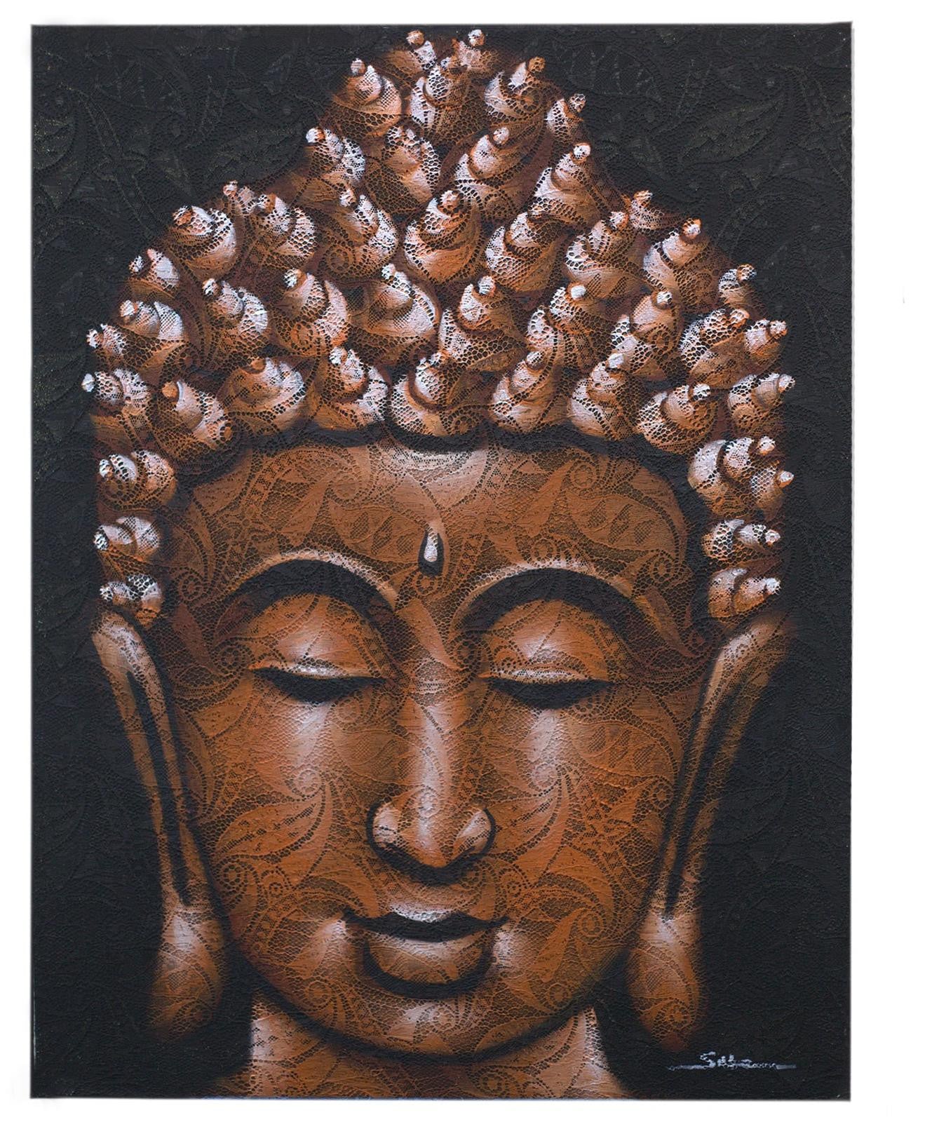 Ancient Wisdom Boeddhabord met koperen brokaat detail op canvas