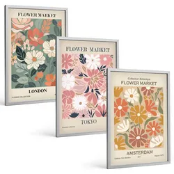BILDER SET 3er Set - 40x60 cm Silberner Rahmen - Blumenmuster London Tokio Amsterdam