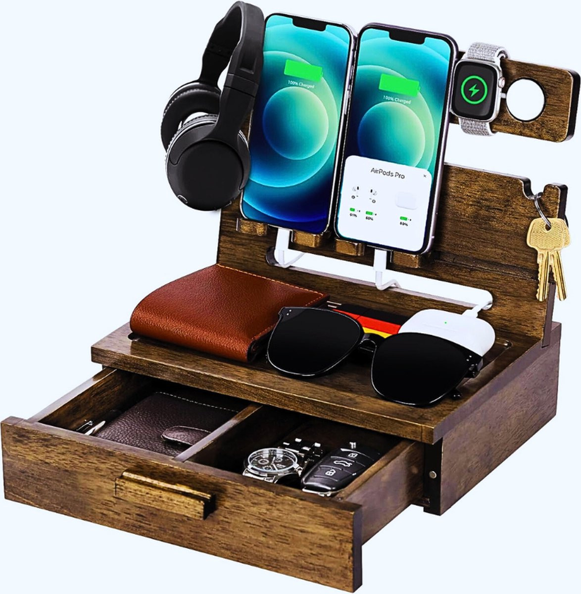 BOG Lade-organizer en telefoondockingstation van hout voor mannen
