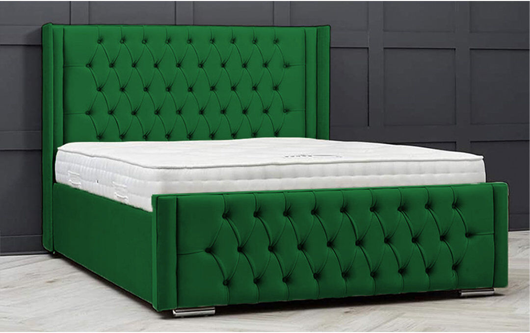 Ophelia & Co. Lucio Velvet Upholstered Bed Frame - Curved Headboard, Sprung Slatted Base Emarald Kingsize (5')