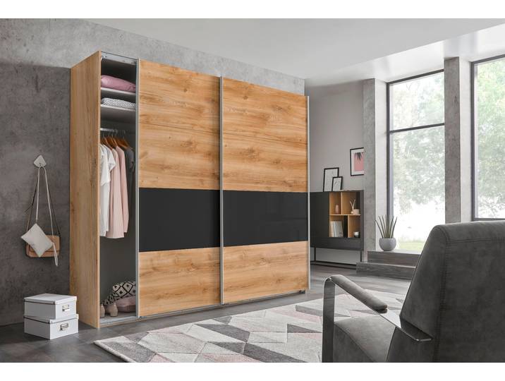 Schwebetürenschrank WIMEX Bramfeld Kleiderschrank , braun (plankeneiche, absetzung grauglas), B:225cm H:236cm T:64cm, Schränke, Schwebetürenschrank, mit Glaselementen und zusätzlichen Einlegeböden
