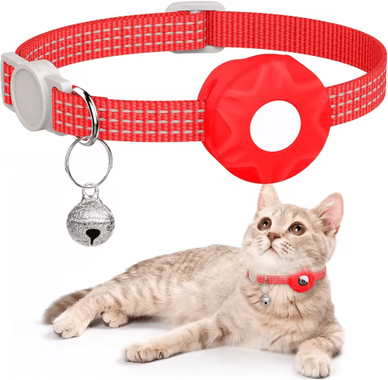 Inspire Picks SafeTrack Reflective AirTag Cat Collar With Bell & Secure Holder red no Airtag Locator