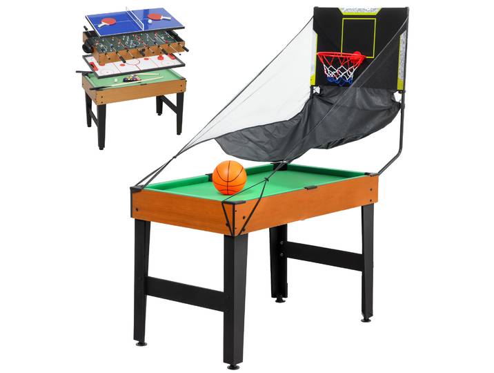 SPORTNOW 5-in-1 Multispeltafel Tafelvoetbal Hockey Tafeltennis Biljart Basketbal MDF Walnoot 134x108cm Compleet Aosom.nl